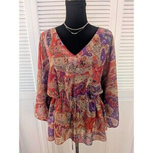 Chaps Denim Ralph Lauren Top Women's XL Multi Paisley Blouse Tunic Boho Peplum